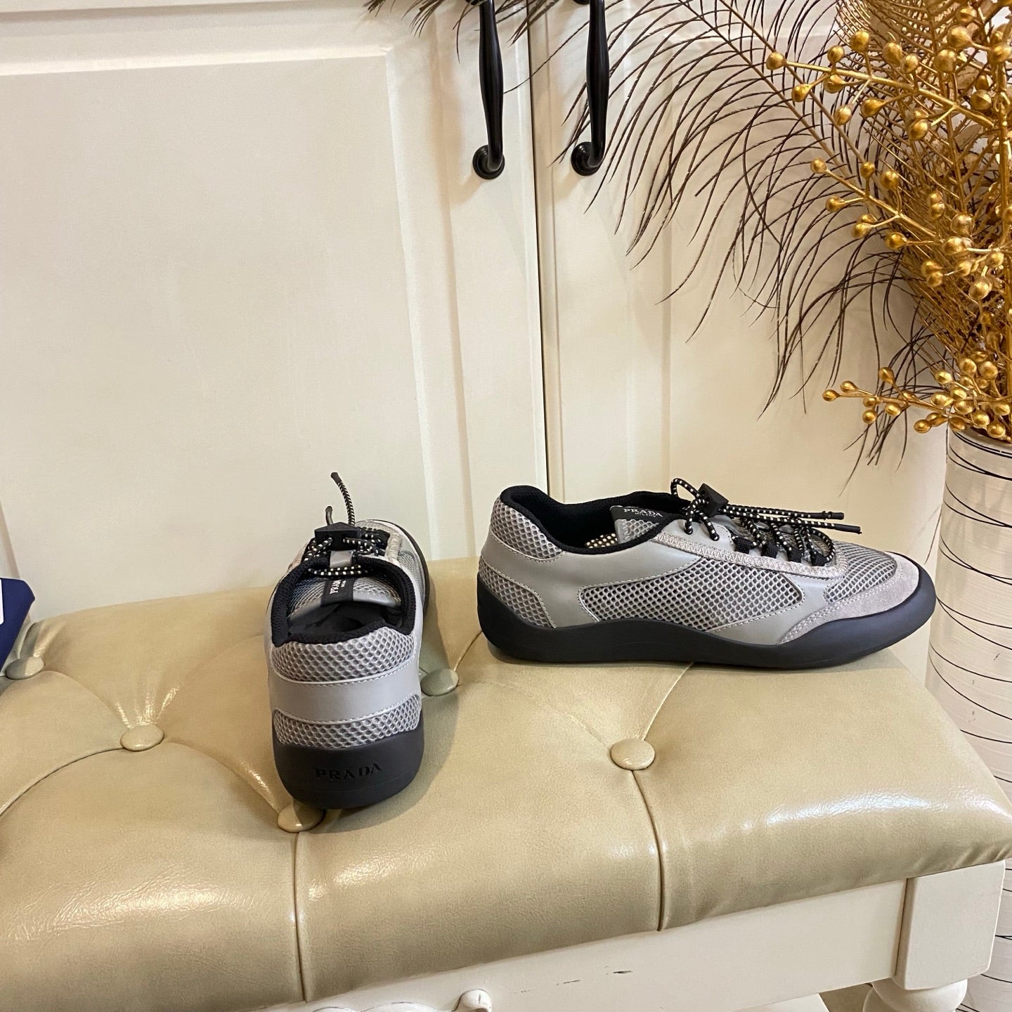 Prada 26s Lace Up Sneakers Chunky Sole In Grey Tech Fabric And Mesh