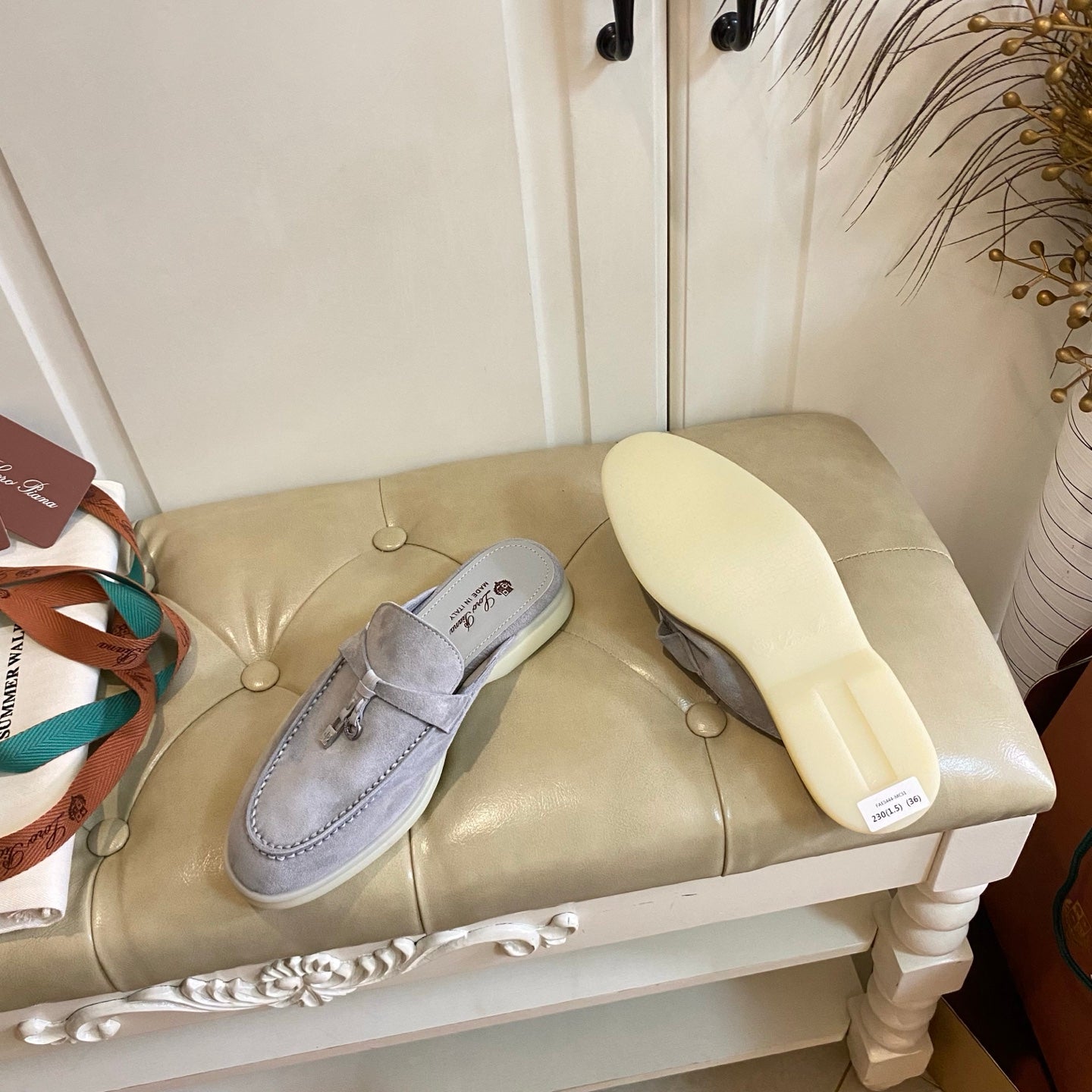 LP 26s Lock Charm Mules In Light Purple Suede Gold Hardware