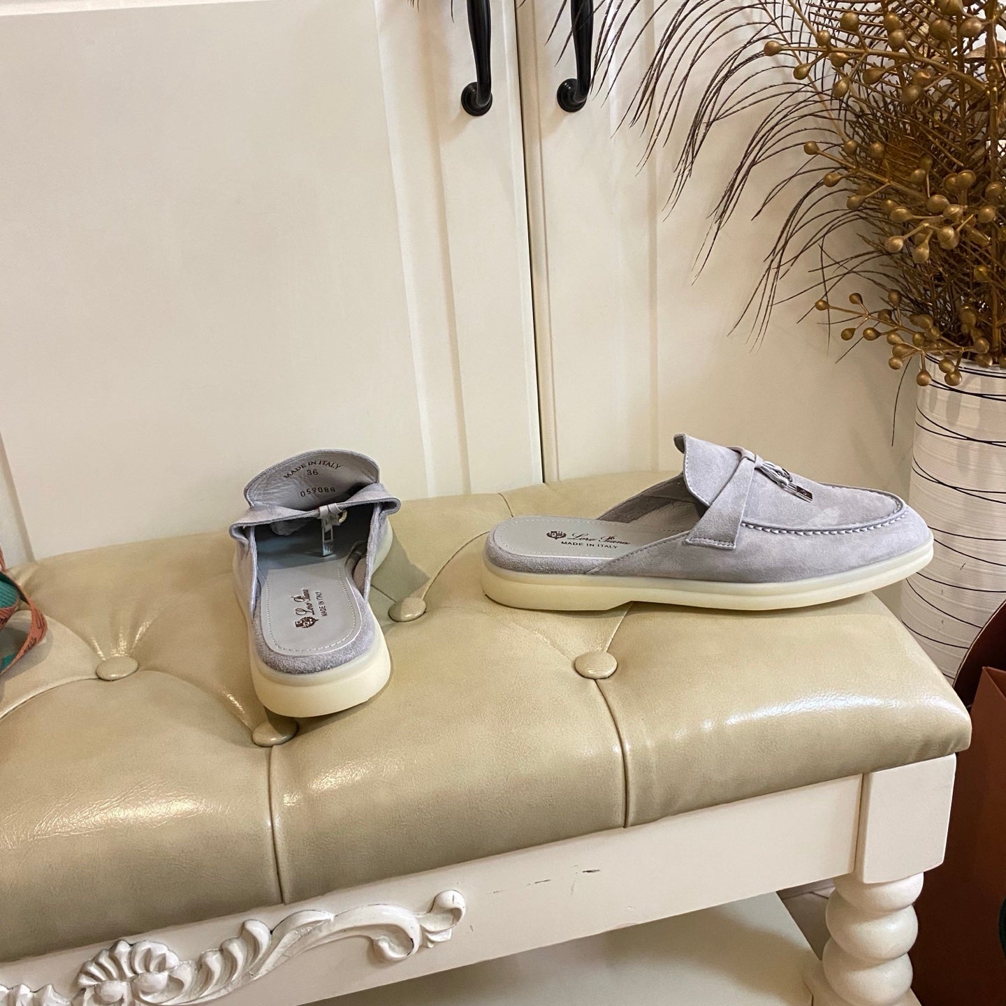LP 26s Lock Charm Mules In Light Grey Suede Gold Hardware