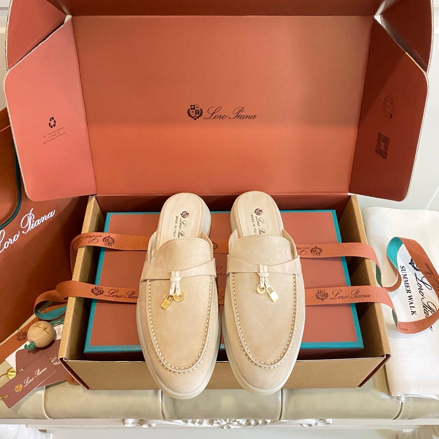 LP 26s Lock Charm Mules In Light Brown Suede Gold Hardware