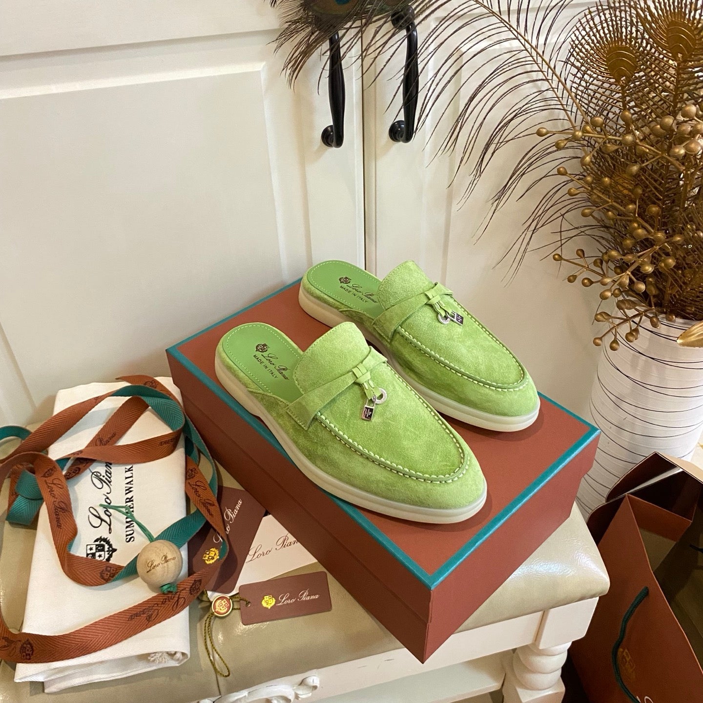 LP 26s Lock Charm Mules In Light Green Suede Gold Hardware