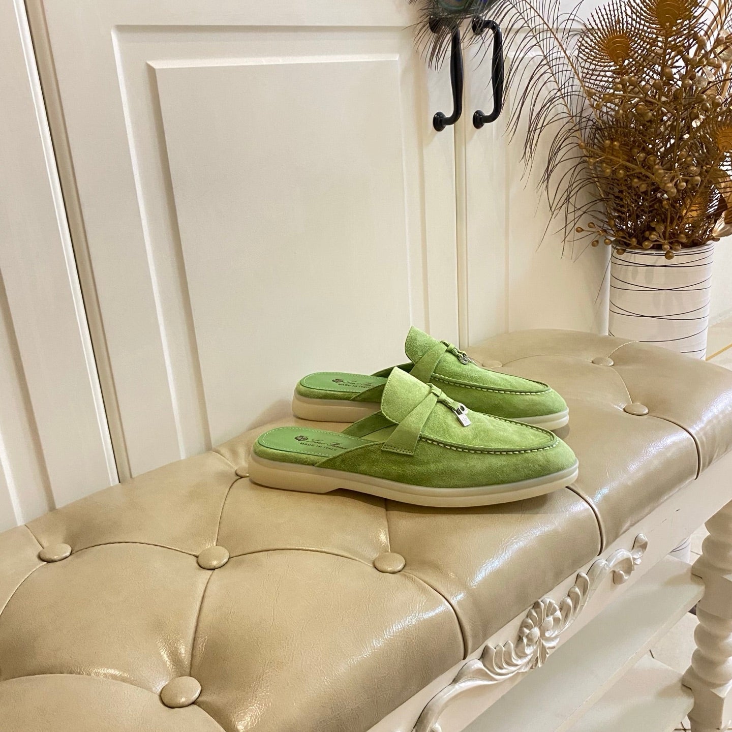 LP 26s Lock Charm Mules In Light Green Suede Gold Hardware