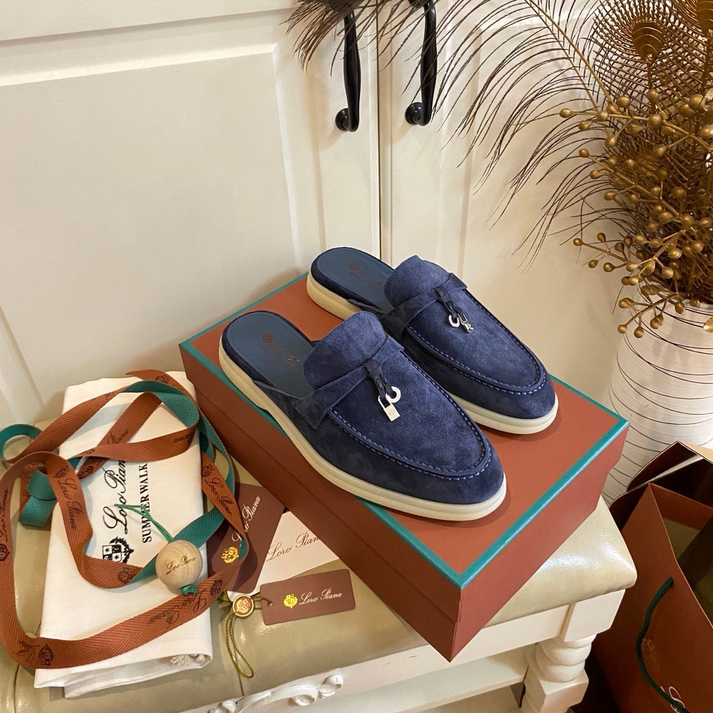 LP 26s Lock Charm Mules In Navy Blue Suede Gold Hardware