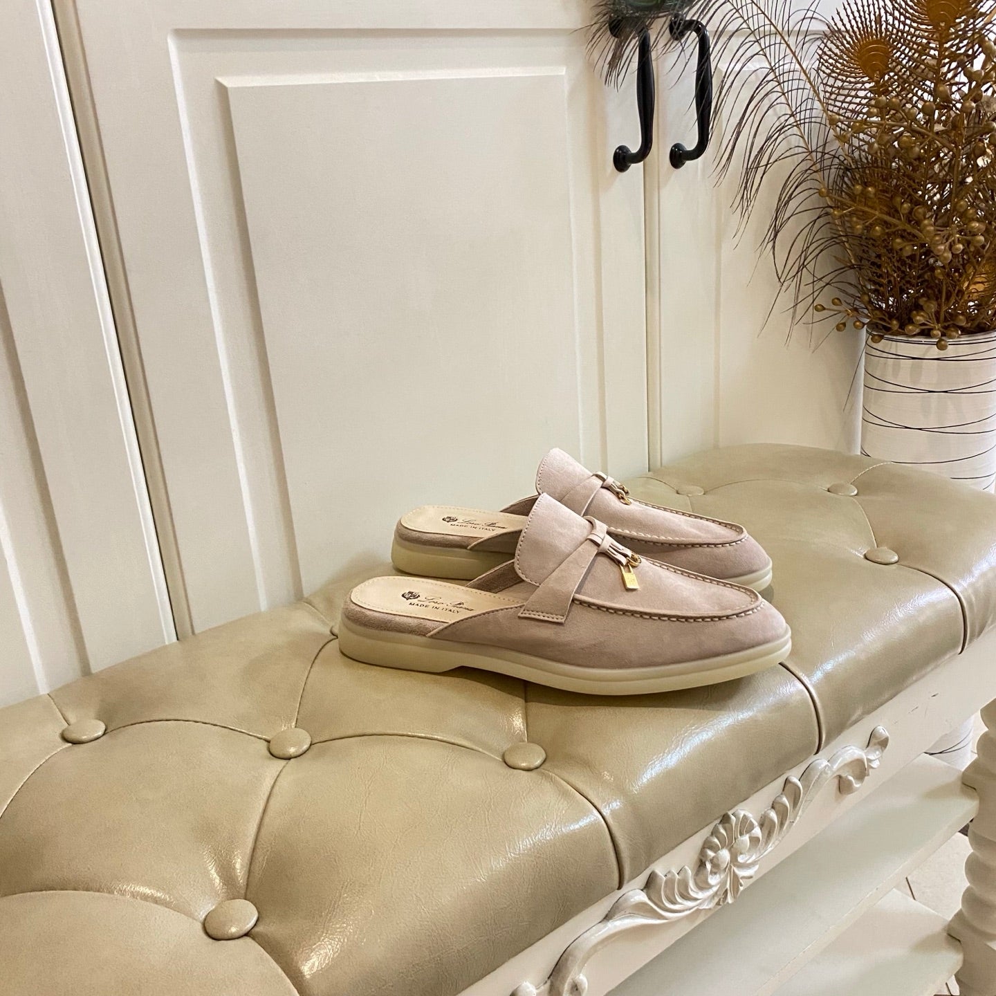 LP 26s Lock Charm Mules In Light Pink Suede Gold Hardware