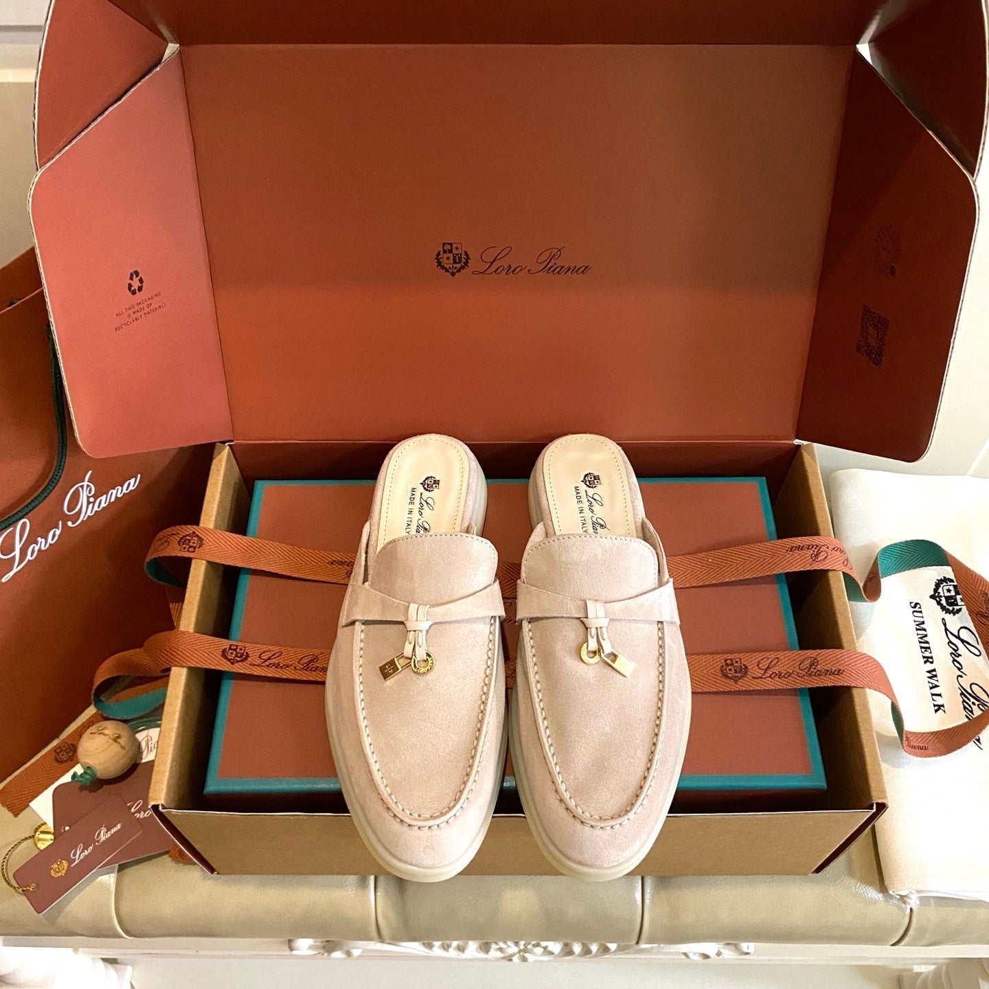 LP 26s Lock Charm Mules In Light Pink Suede Gold Hardware