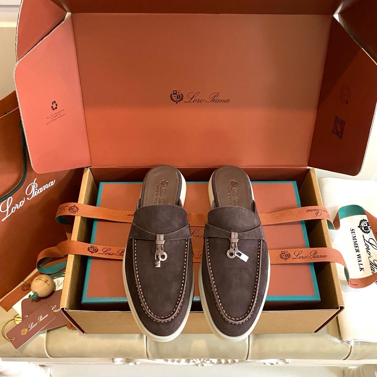 LP 26s Lock Charm Mules In Dark Brown Suede Gold Hardware