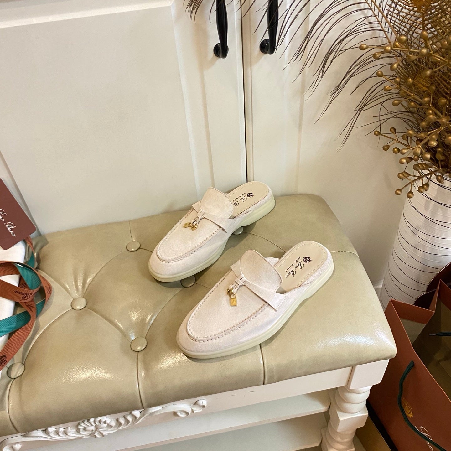 LP 26s Lock Charm Mules In Beige Suede Gold Hardware