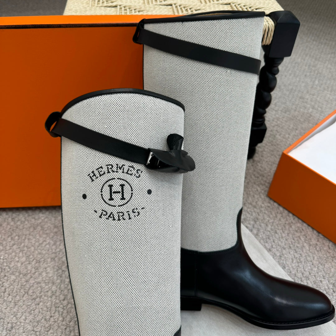 HM Jumping Boot In White Mix Black Calfskin And Burlap 973841