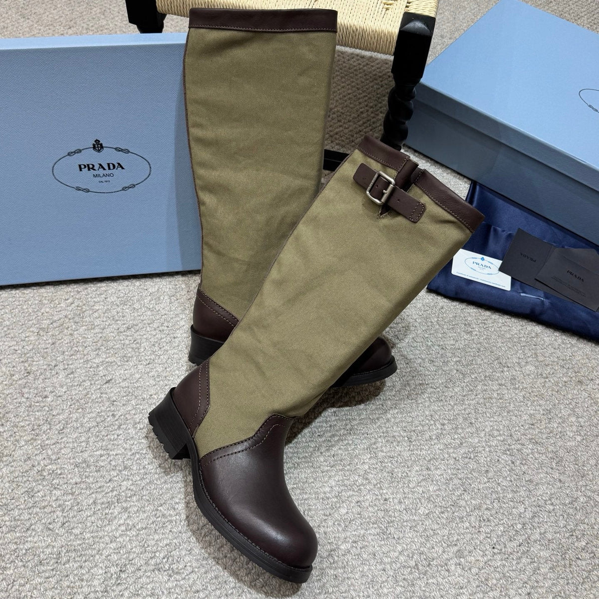 PR 26s Buckle Knee High Boots Green Brown Canvas Leather 144757