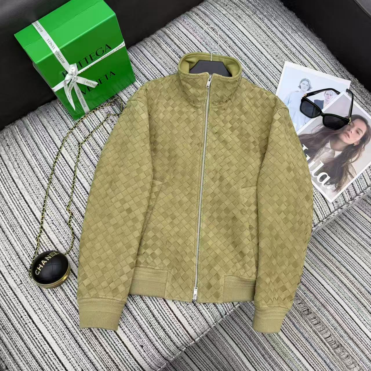 BV Jacket Intrecciato Light Olive Green Suede Blouson 342681