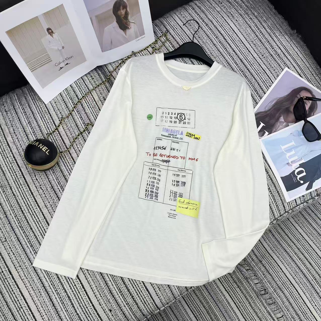 MM6 Letter Print Crew Neck Long Sleeve T-Shirt White Cotton 387966