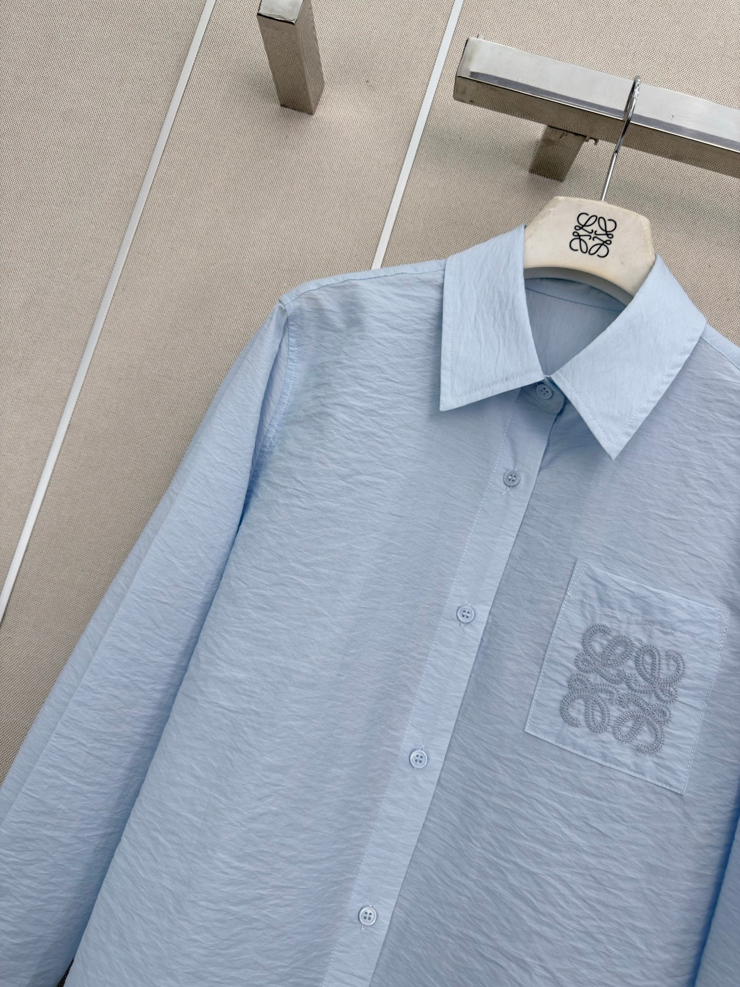 Loewe Long-Sleeved Shirt With Embroidered Logo Light Blue Cotton 379582