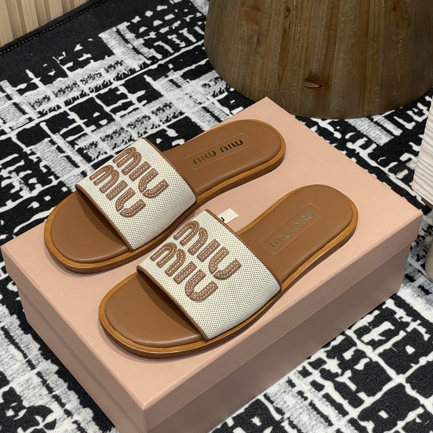 Miu 25S Beige and Brandy Canvas and leather slides 227134