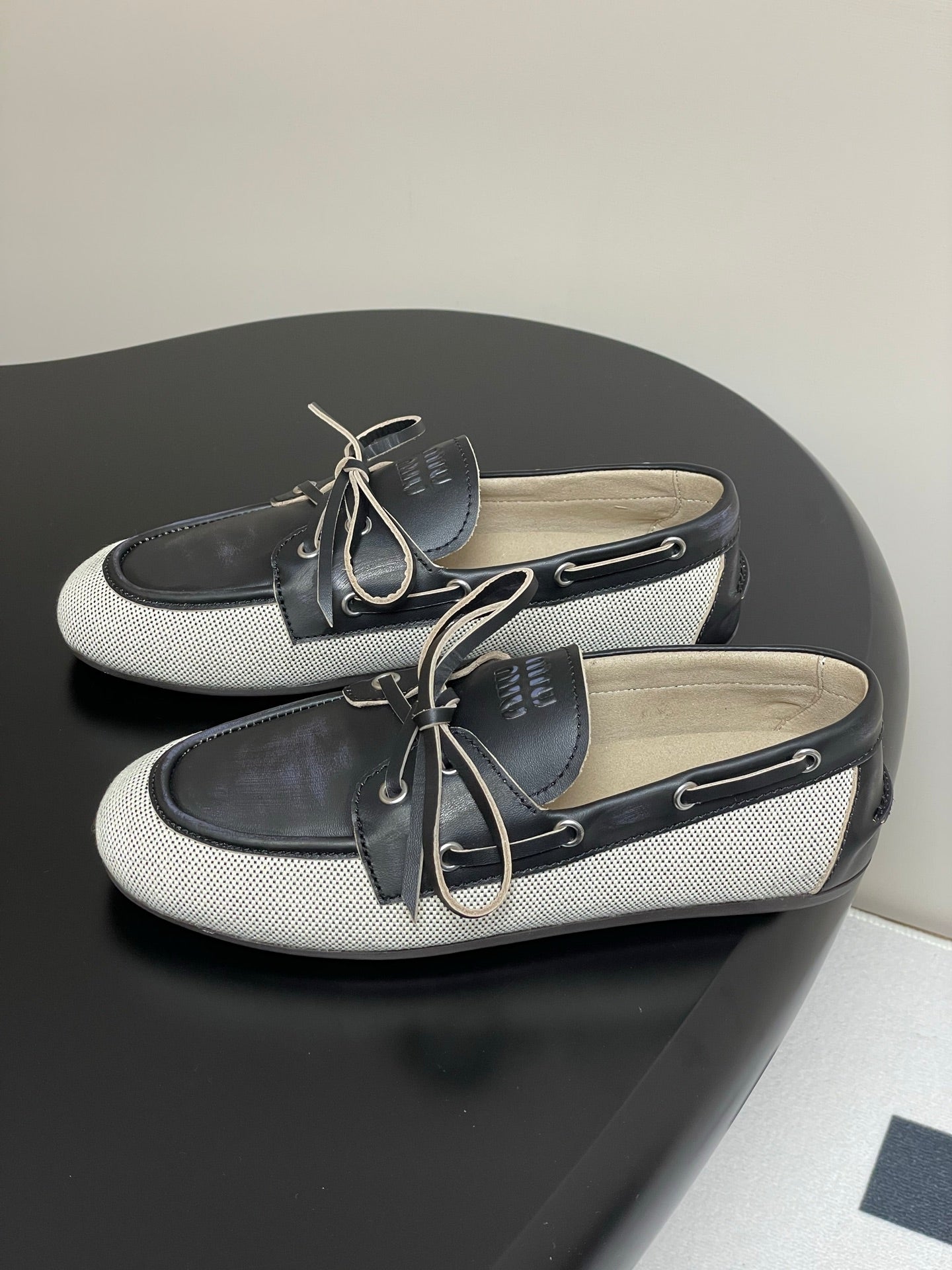 Miumiu Beige and Black canvas leather loafer 227140