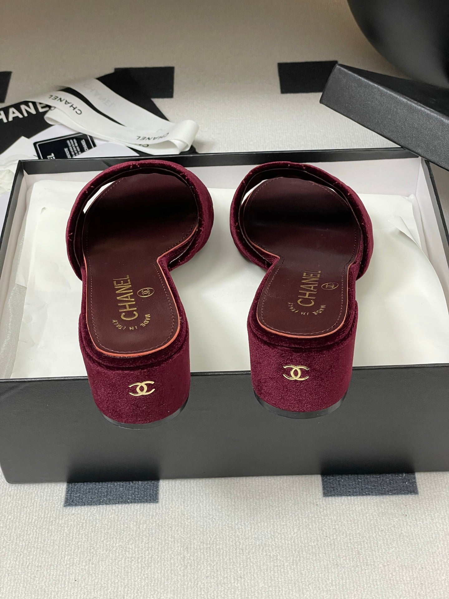 25S Embroidery Double C Mule 50mm Wine Velvet 247574