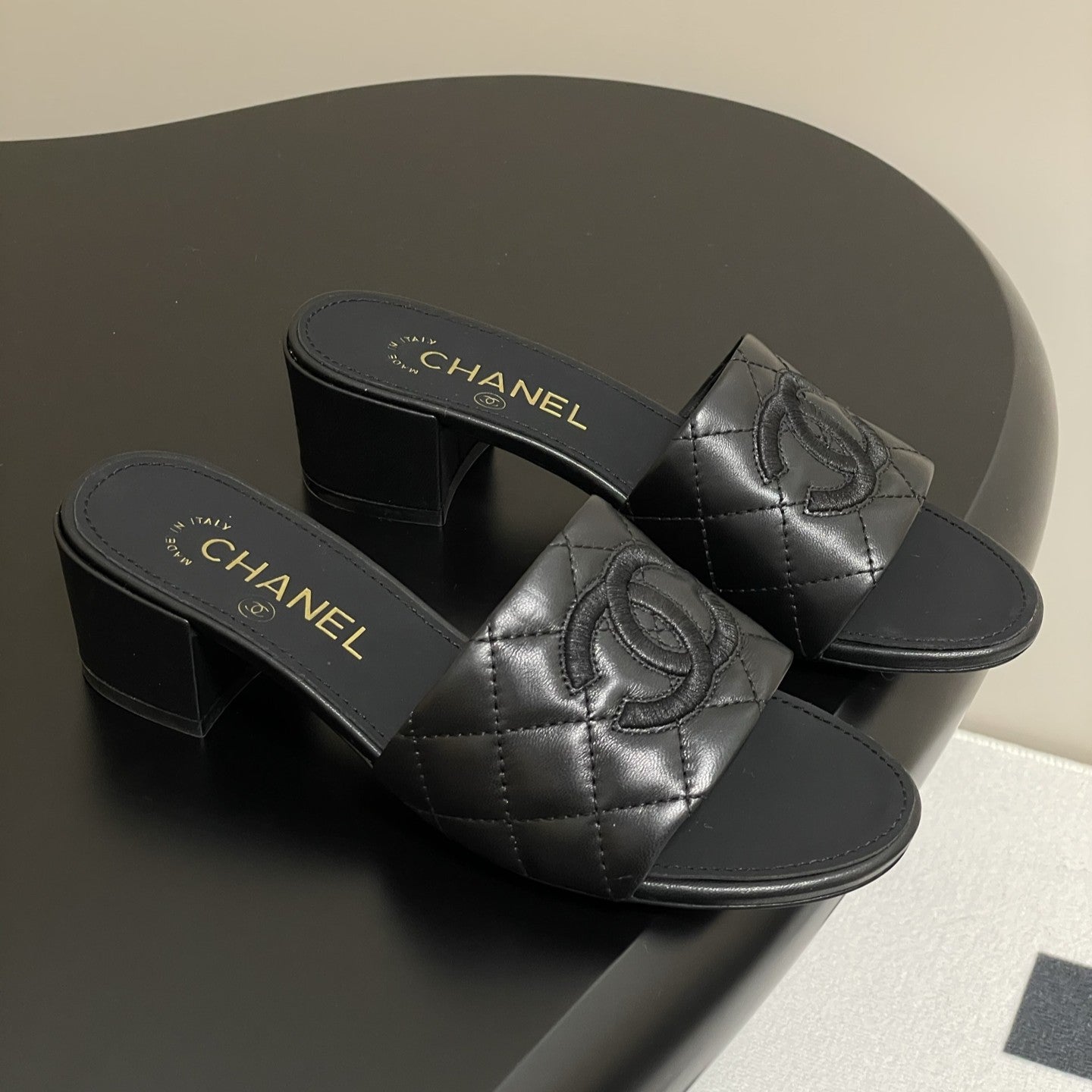 25S Embroidery Double C Mule 50mm Black Lambskin 247577