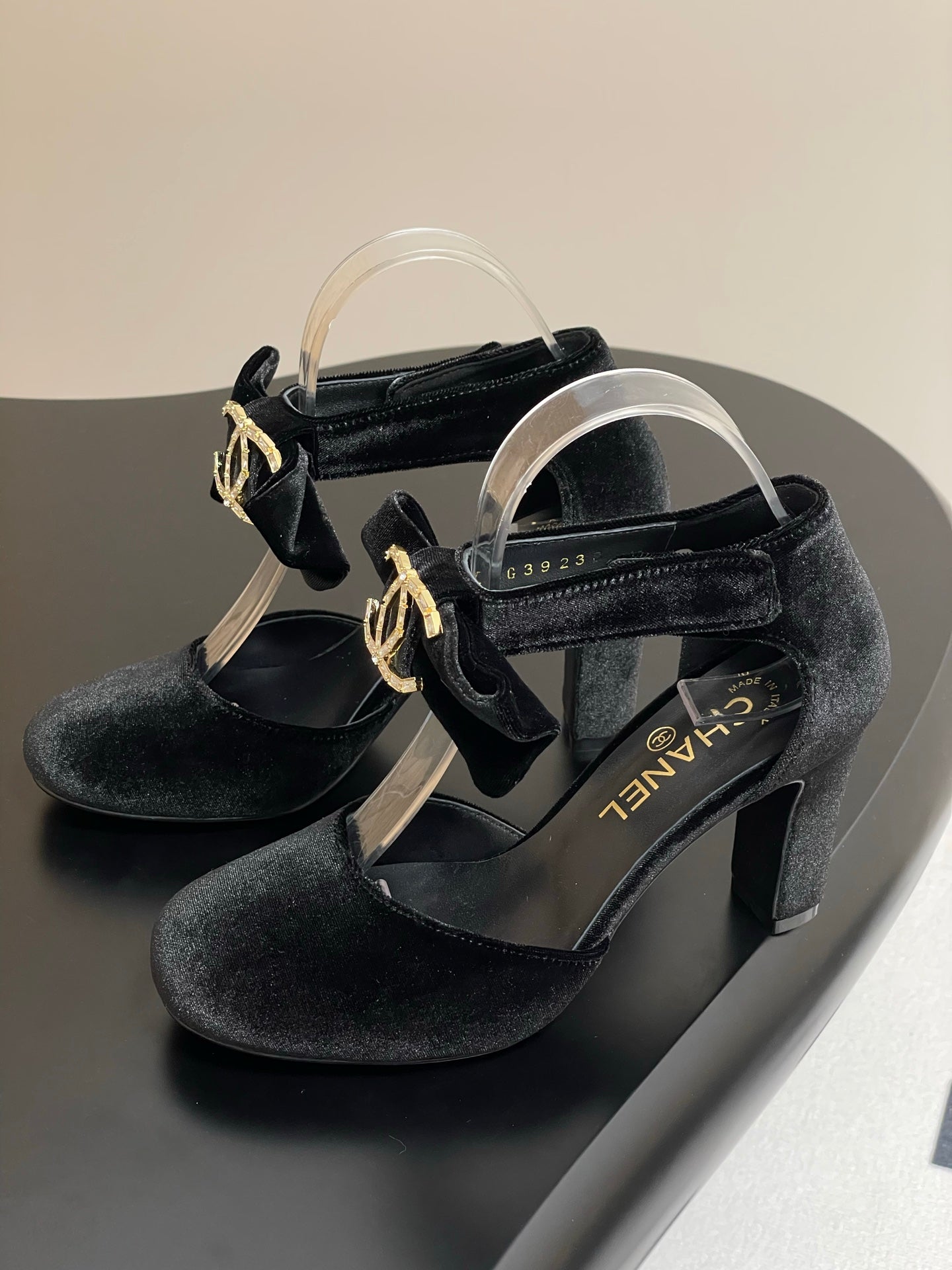 CC 25S Double C Rhinestone Buckle Bow High Heel Pump 85 Black Velvet 247570