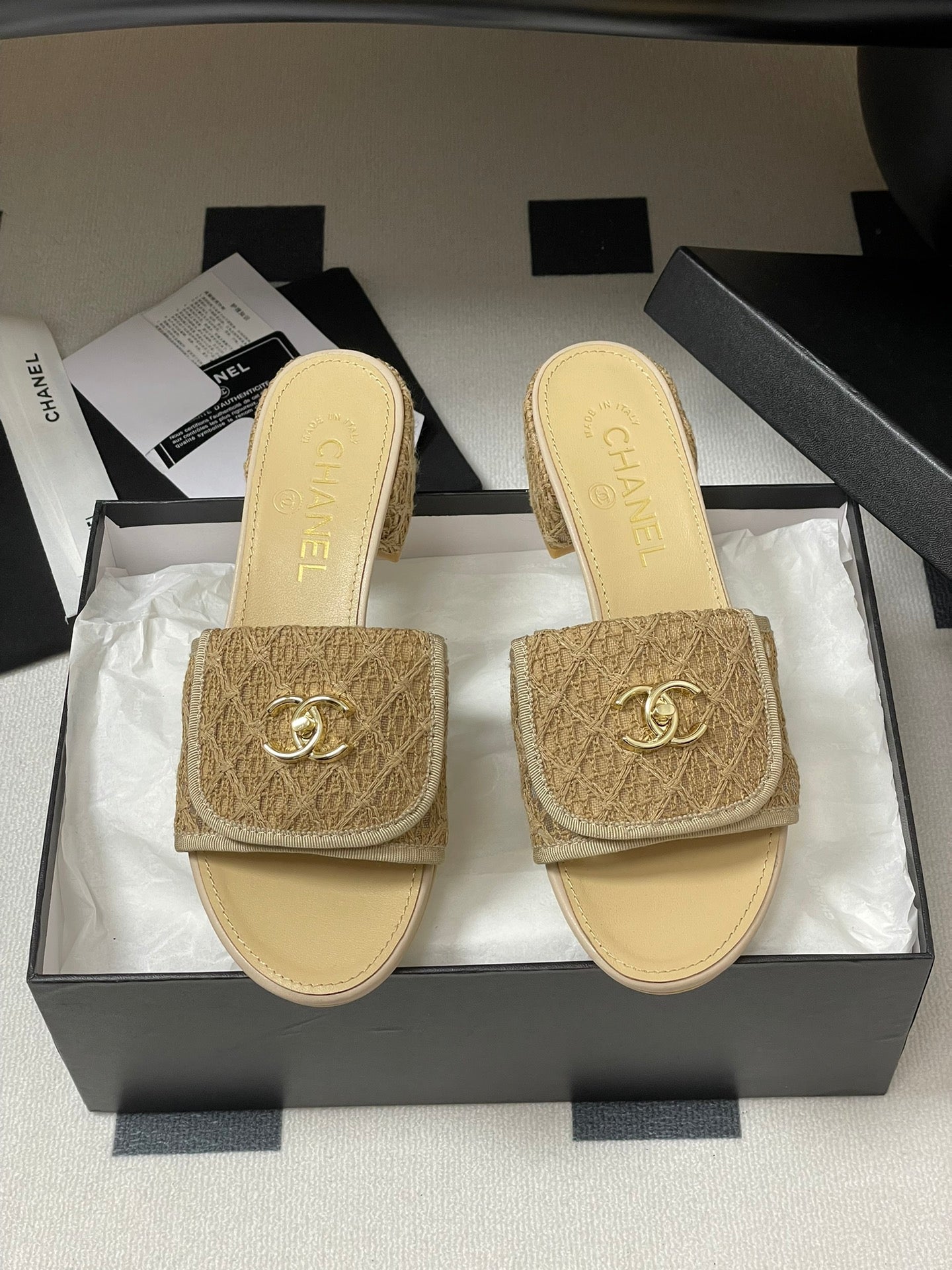 CC 25S Buckle Bag Mule Sandal 50mm Beige Lace Fabric and Sheepskin 247595