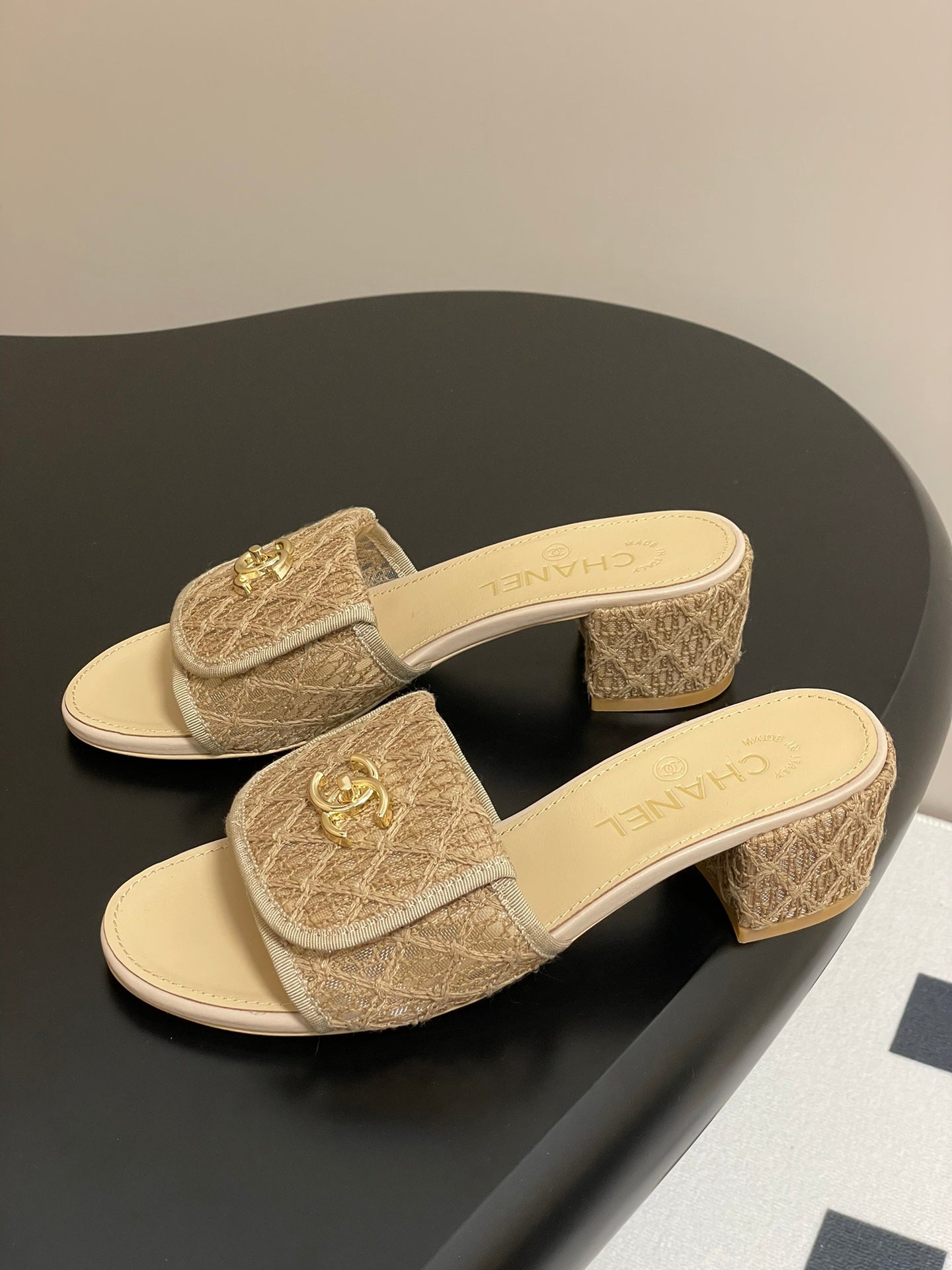 CC 25S Buckle Bag Mule Sandal 50mm Beige Lace Fabric and Sheepskin 247595