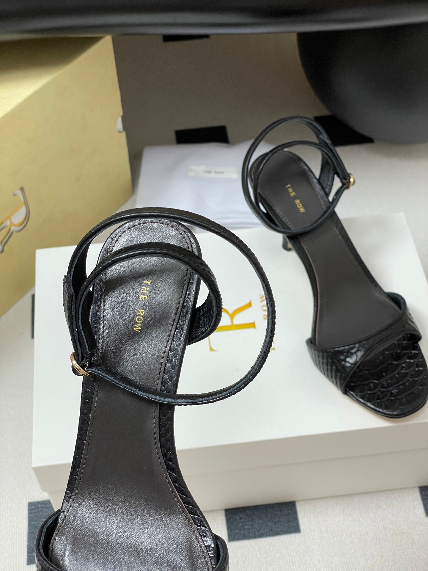 The Row 25S Strap High Heel Sandals 85mm Black Snake Pattern Cowhide 286189