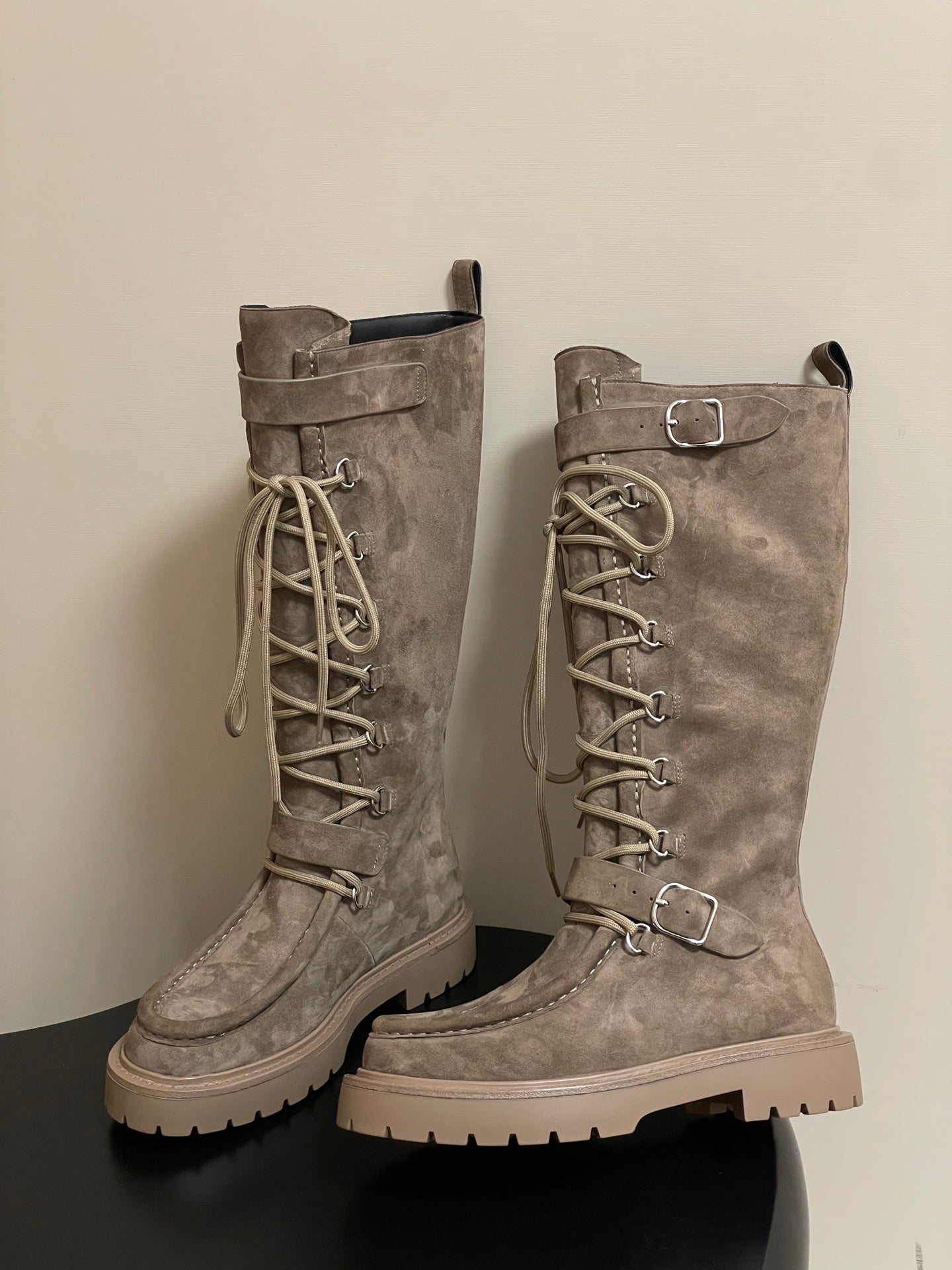 HM Lace Up Boots 25mm Belt Buckle Taupe Suede