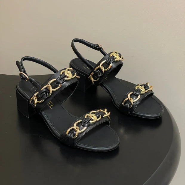 CC 26s Buckle Chain Sandals 55 Black Sheepskin 649474