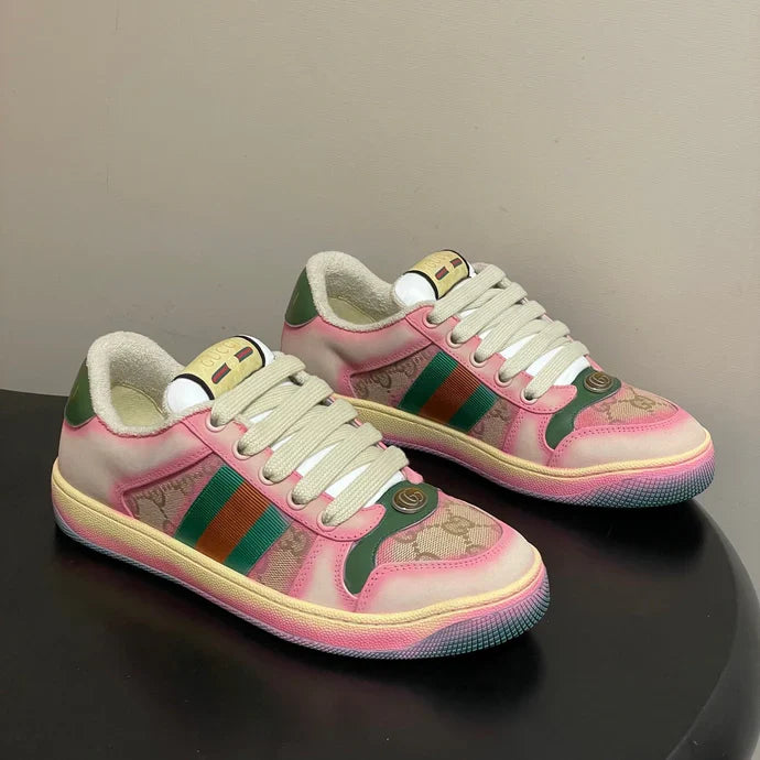 GG 26ss Screener Sneaker Beige Pink Green Fabric Calfskin 697903