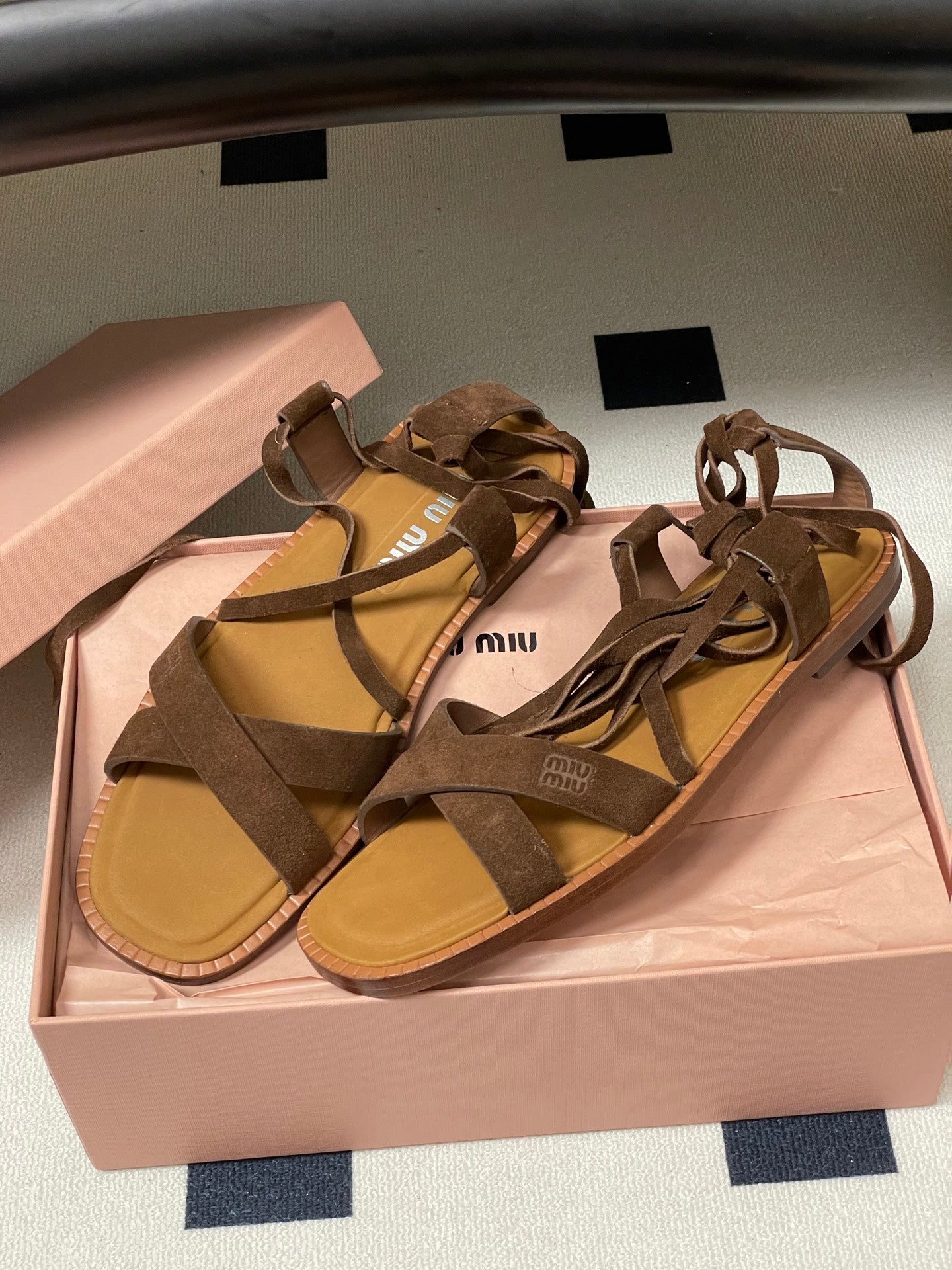 Miu Strappy Sandals Cocoa Brown Suede 834949