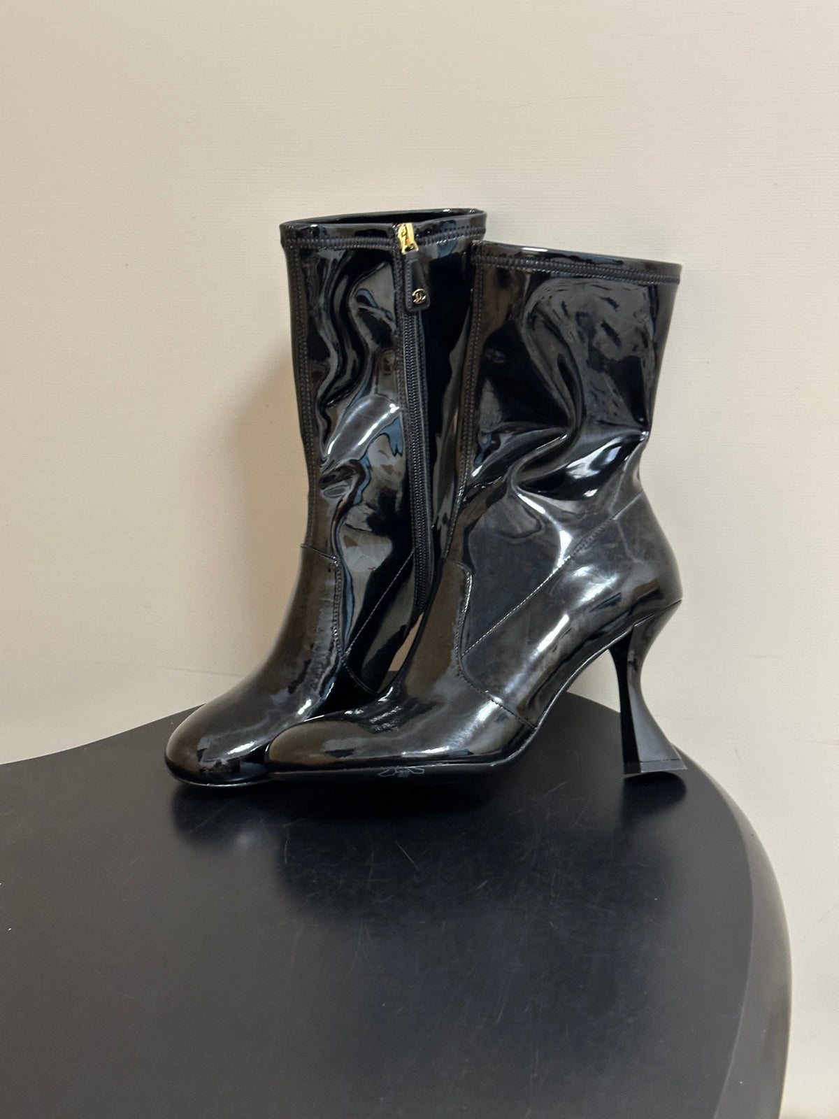 Chanel 26s Mid Calf Boots Flared Stiletto Heel 9.5cm CC Zipper Black Patent Stretch Leather 185662
