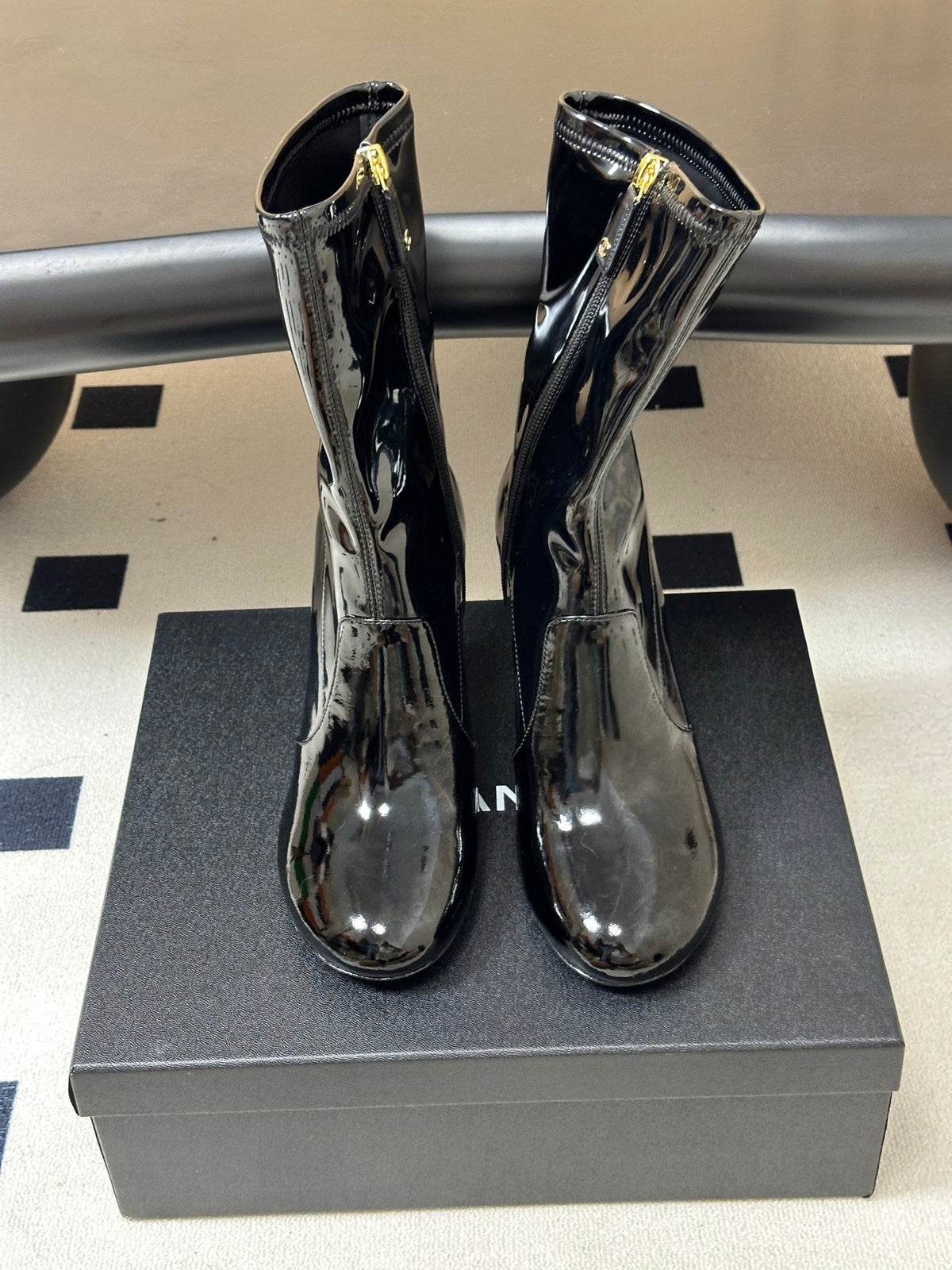 Chanel 26s Mid Calf Boots Flared Stiletto Heel 9.5cm CC Zipper Black Patent Stretch Leather 185662