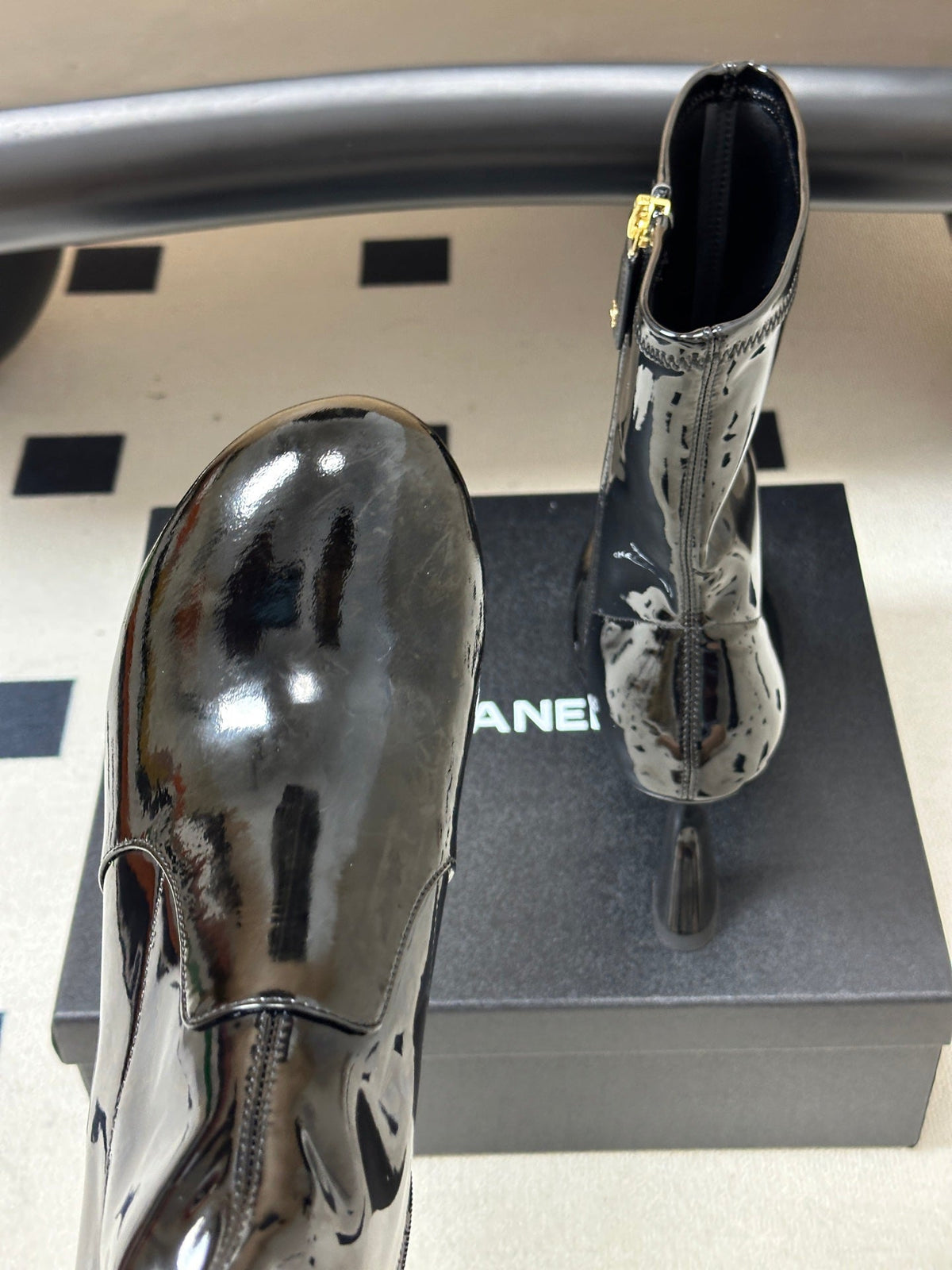 Chanel 26s Mid Calf Boots Flared Stiletto Heel 9.5cm CC Zipper Black Patent Stretch Leather 185662