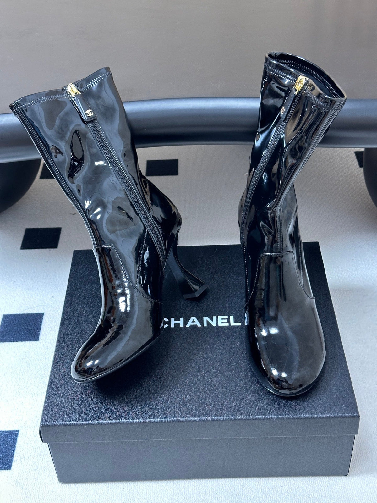 Chanel 26s Mid Calf Boots Flared Stiletto Heel 9.5cm CC Zipper Black Patent Stretch Leather 185662