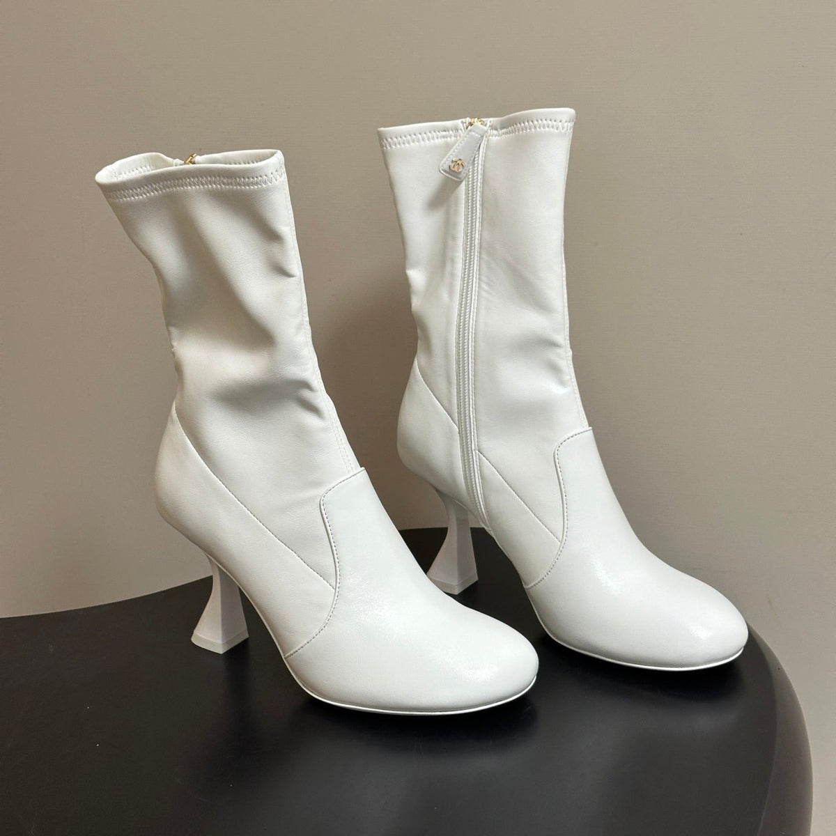 Chanel 26s Mid Calf Boots 9.5cm CC Zipper White Stretch Leather 185664