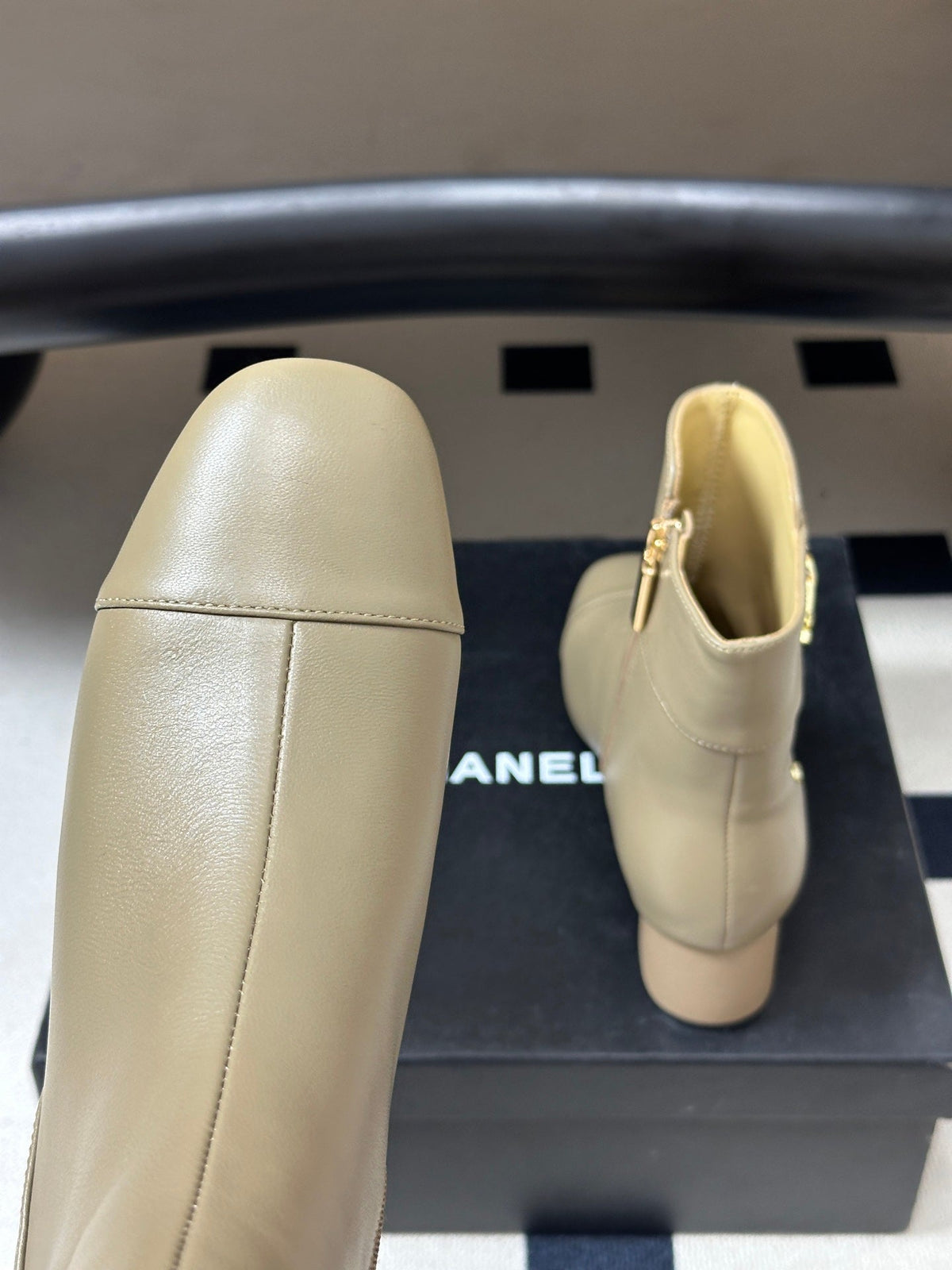 Chanel 26s Ankle Boots Block Heel CC Buckle Beige Calfskin Leather 185666