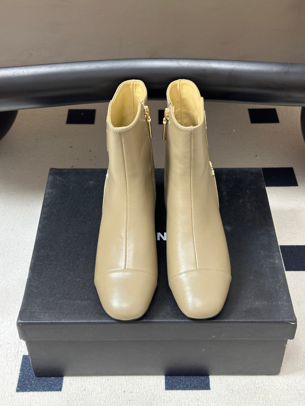 Chanel 26s Ankle Boots Block Heel CC Buckle Beige Calfskin Leather 185666