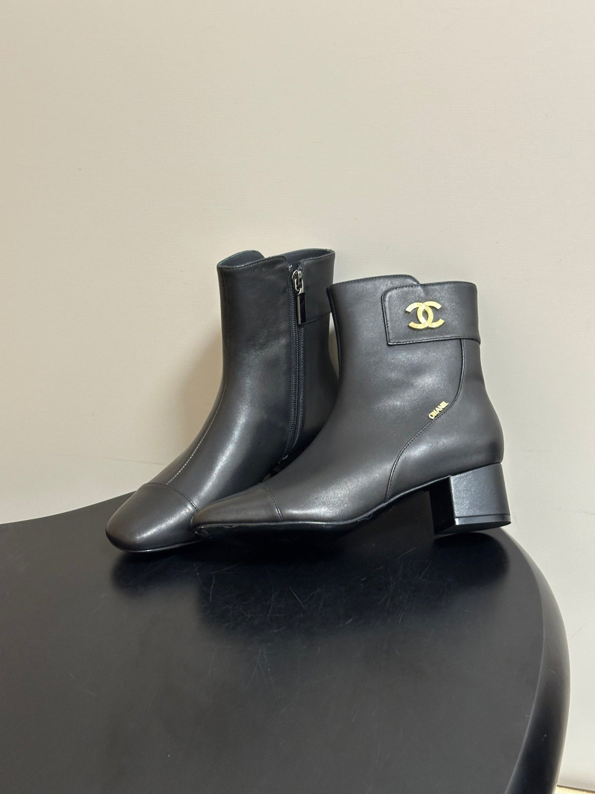 Chanel 26s Ankle Boots Block Heel CC Buckle Black Calfskin Leather 185668