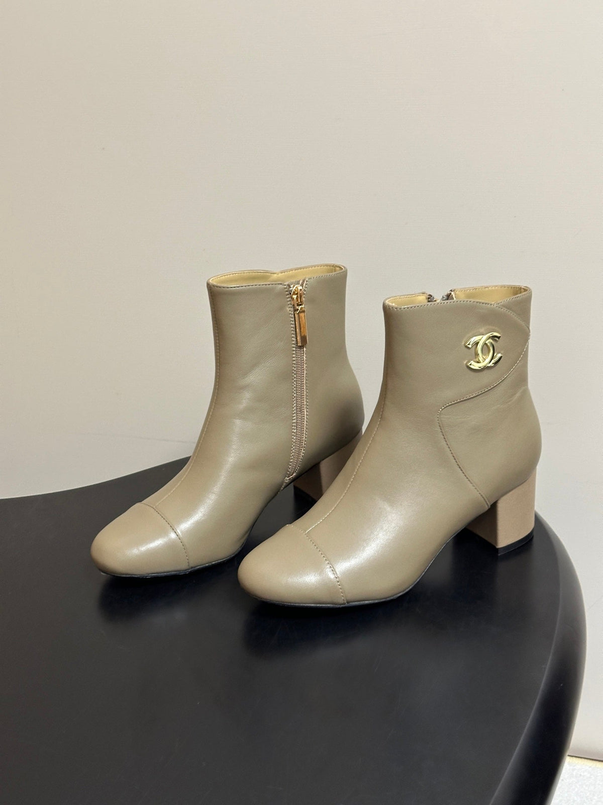 Chanel 26s Ankle Boots Block Heel 5cm CC Logo Beige Calfskin Leather 185669