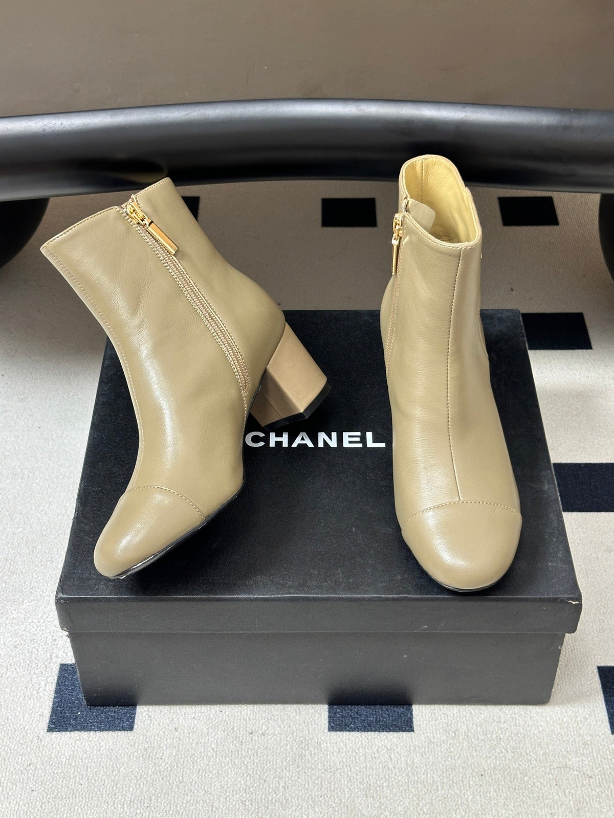 Chanel 26s Ankle Boots Block Heel 5cm CC Logo Beige Calfskin Leather 185669