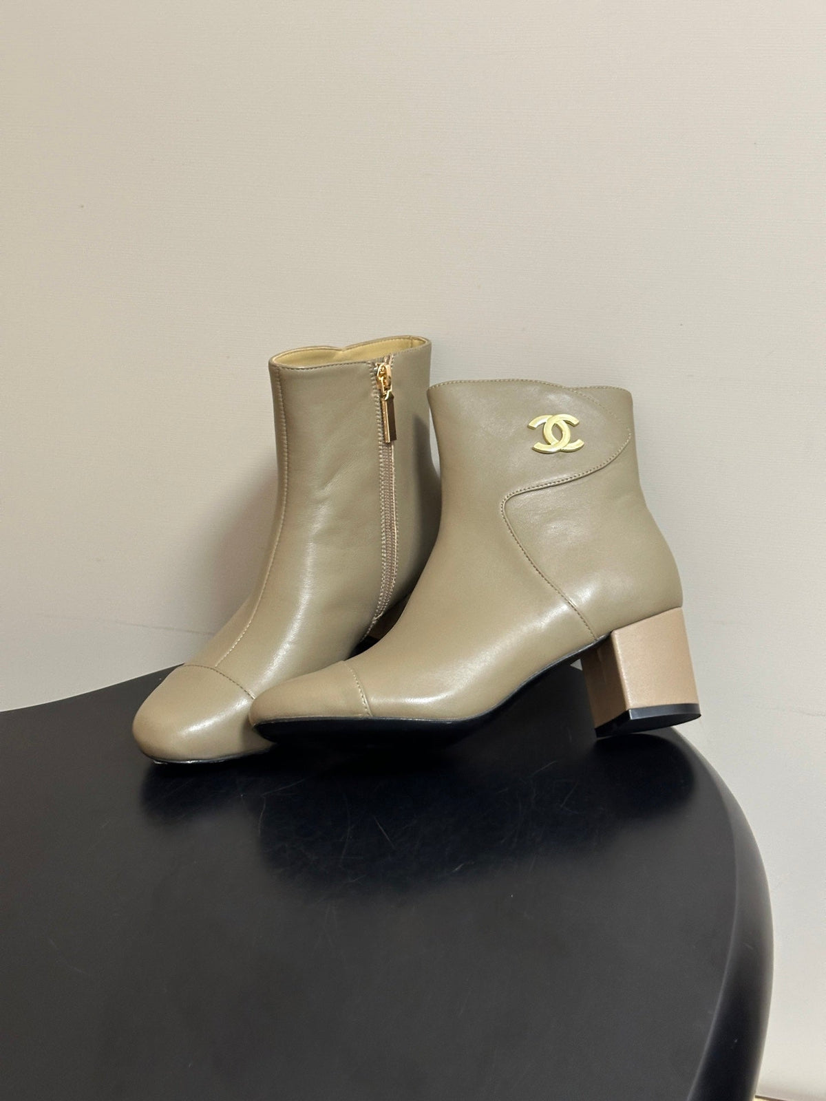 Chanel 26s Ankle Boots Block Heel 5cm CC Logo Beige Calfskin Leather 185669