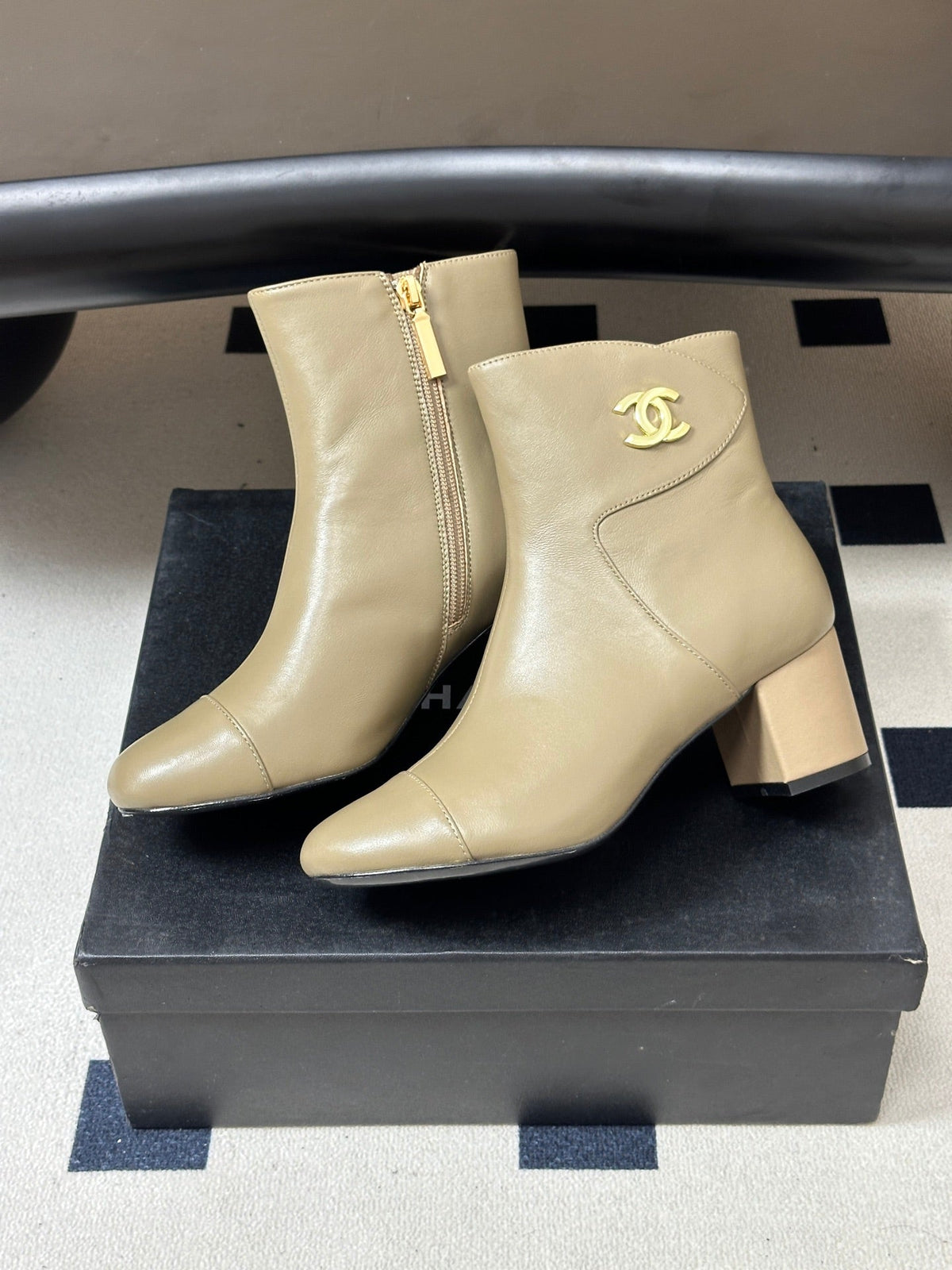 Chanel 26s Ankle Boots Block Heel 5cm CC Logo Beige Calfskin Leather 185669