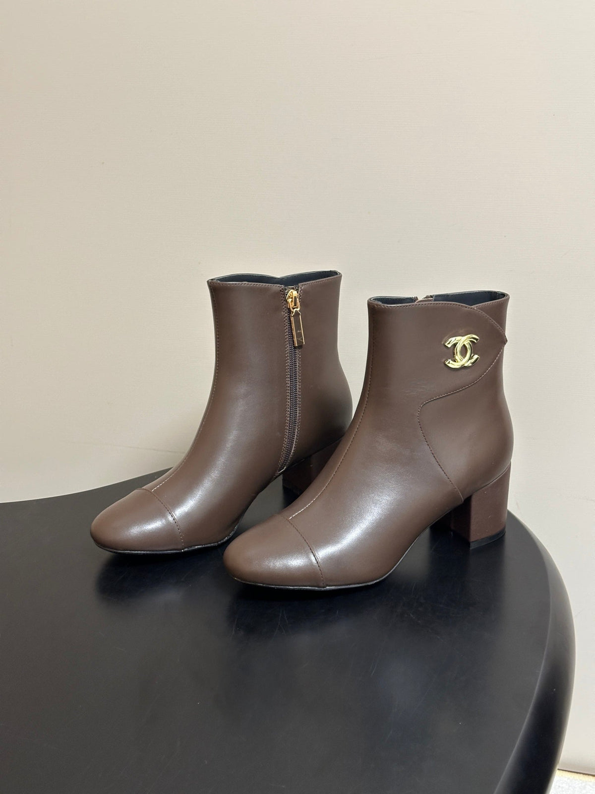 Chanel 26s Ankle Boots Block Heel 5cm CC Logo Dark Brown Calfskin Leather 185670