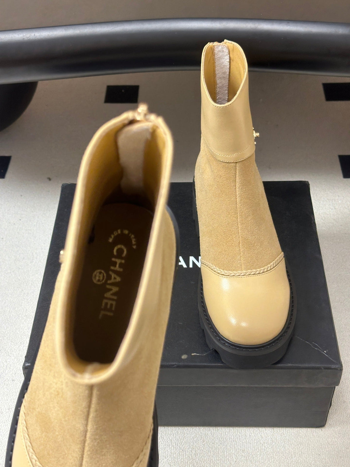 Chanel 26s Ankle Boots Lug Sole CC Charm Beige Suede Calfskin Leather 185673