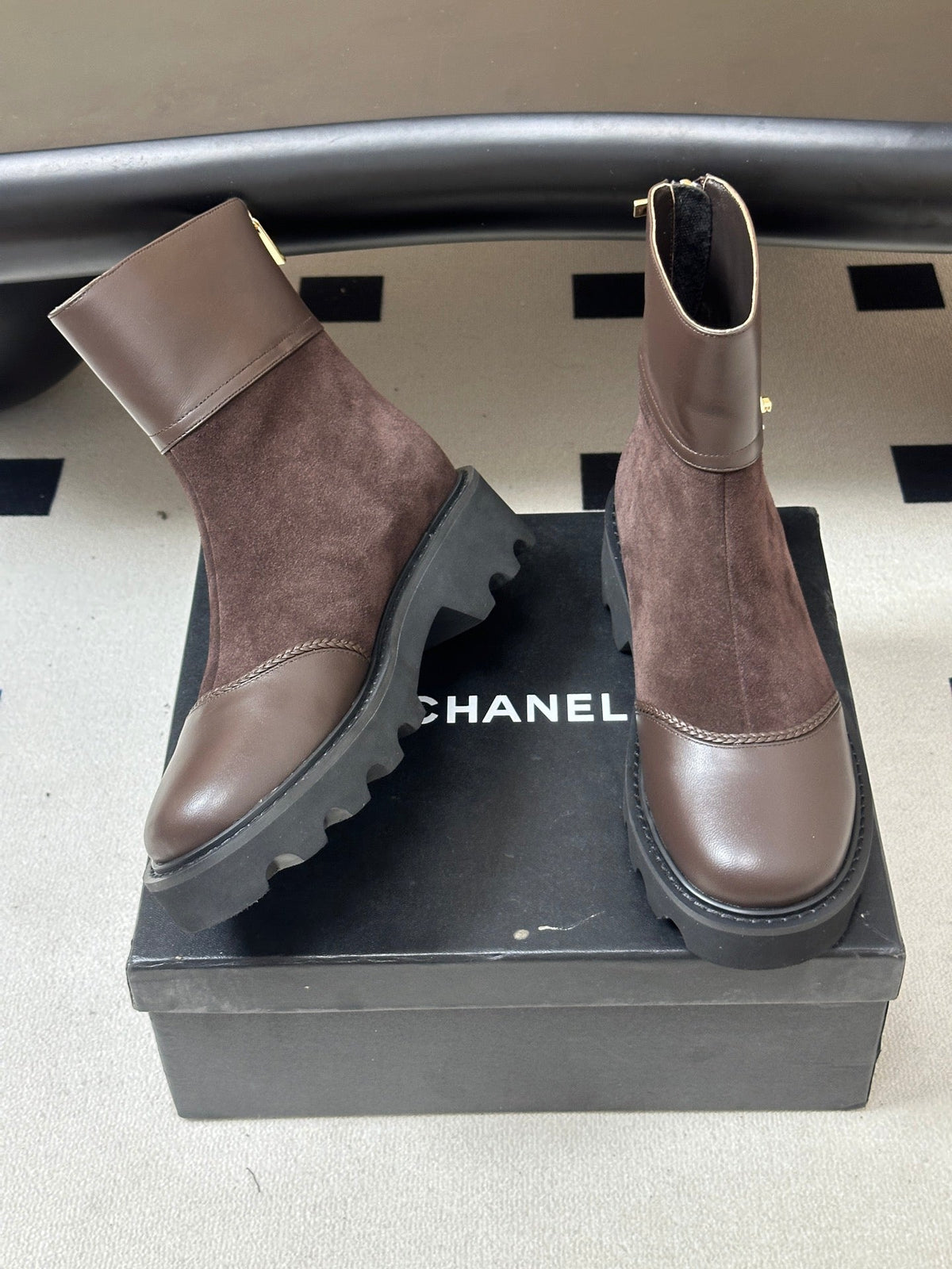 Chanel 26s Ankle Boots Lug Sole CC Charm Dark Brown Suede Calfskin Leather 185674