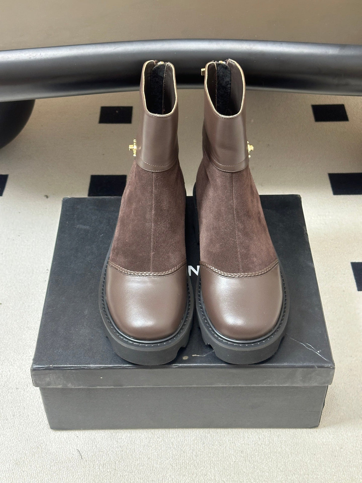 Chanel 26s Ankle Boots Lug Sole CC Charm Dark Brown Suede Calfskin Leather 185674