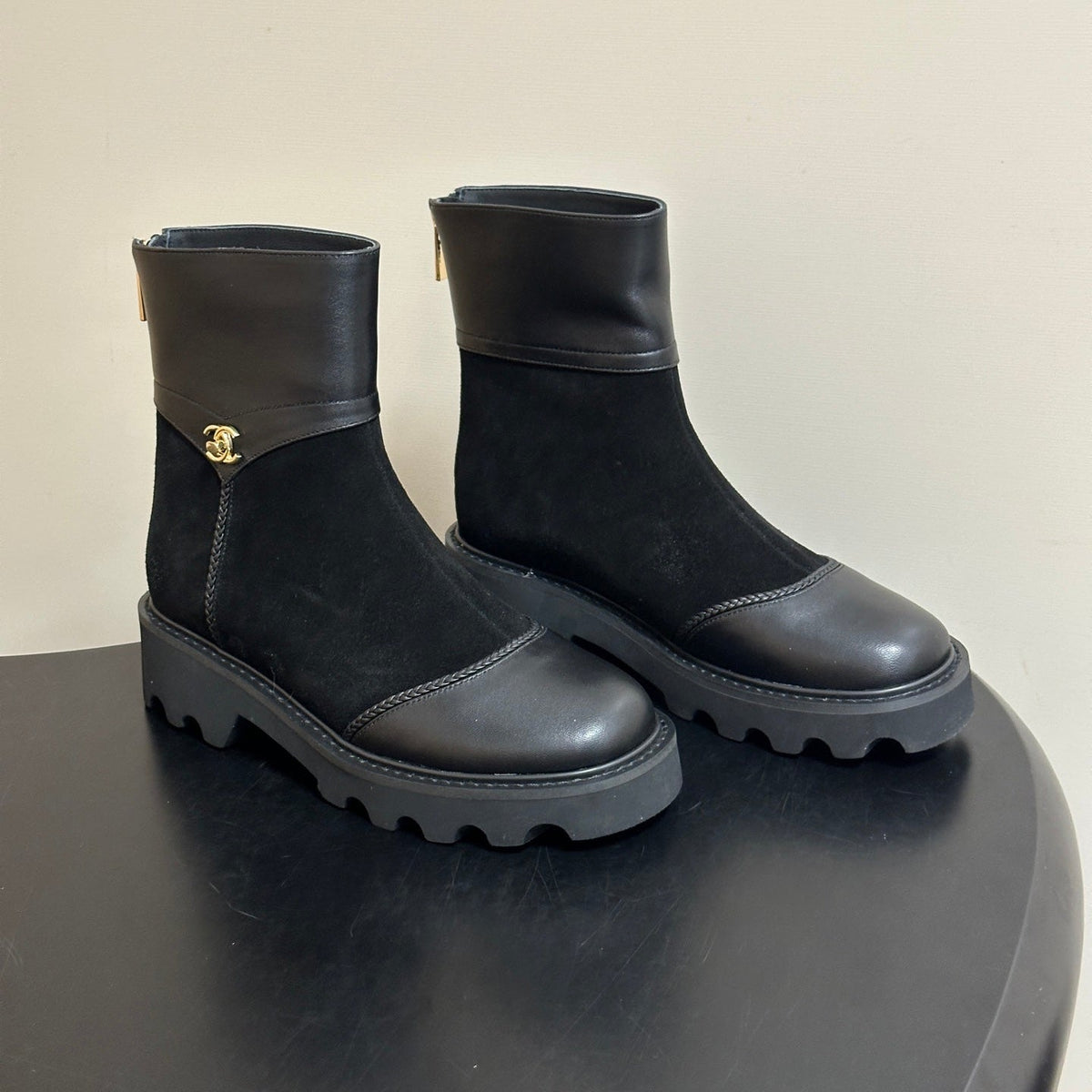 Chanel 26s Ankle Boots Lug Sole CC Charm Black Suede Calfskin Leather 185675