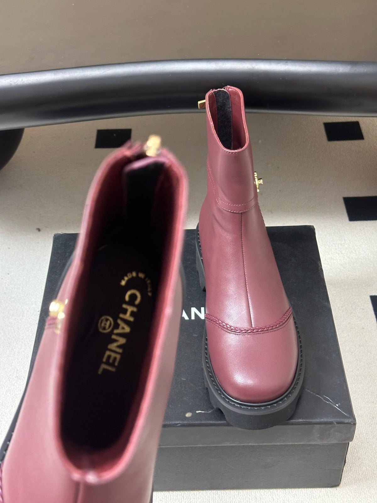 Chanel 26s Ankle Boots Lug Sole CC Charm Burgundy Calfskin Leather 185676