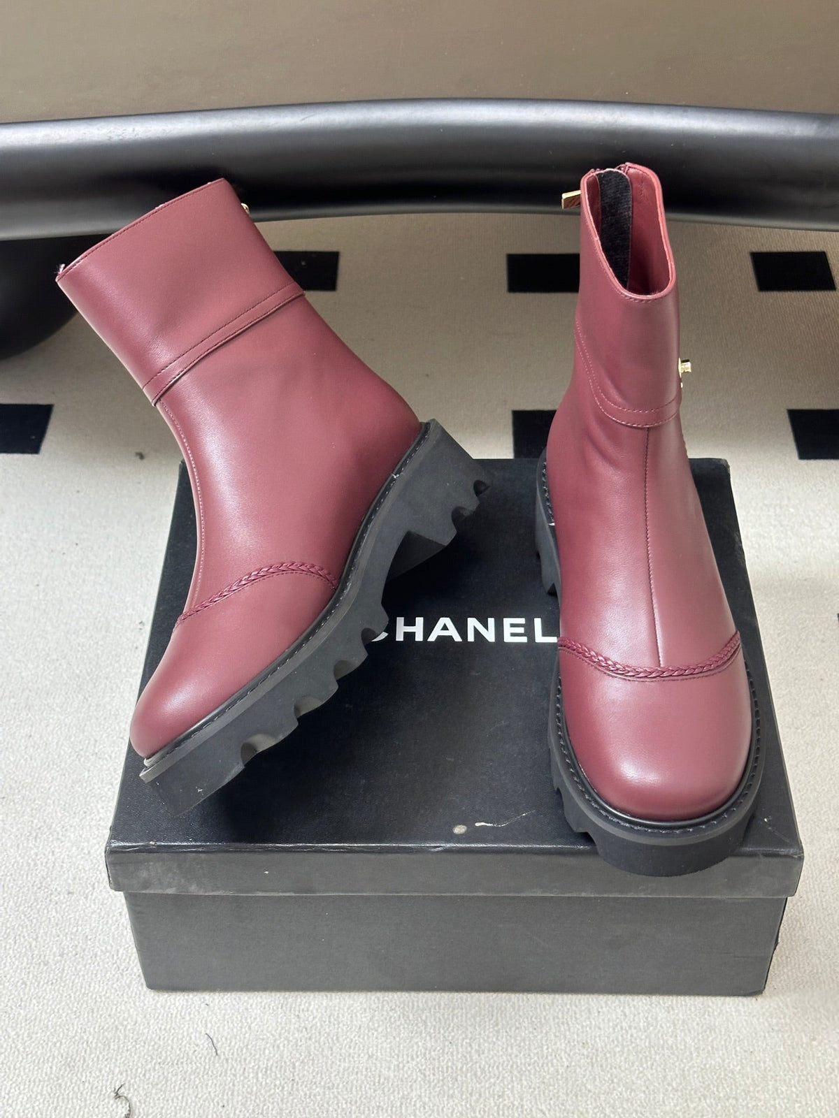 Chanel 26s Ankle Boots Lug Sole CC Charm Burgundy Calfskin Leather 185676