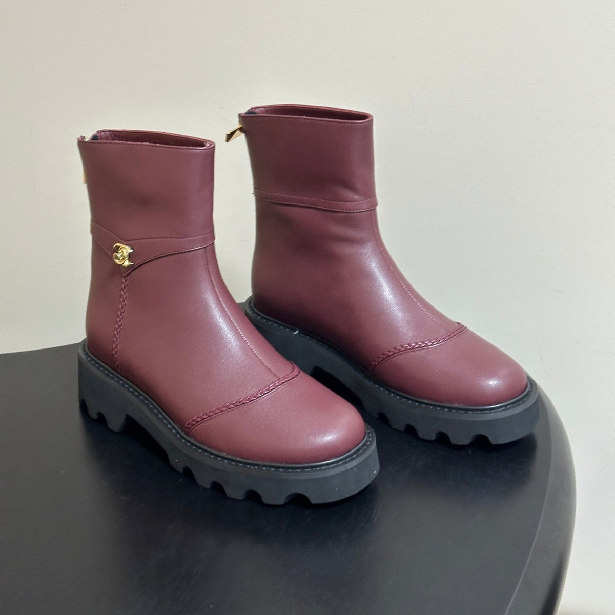 Chanel 26s Ankle Boots Lug Sole CC Charm Burgundy Calfskin Leather 185676