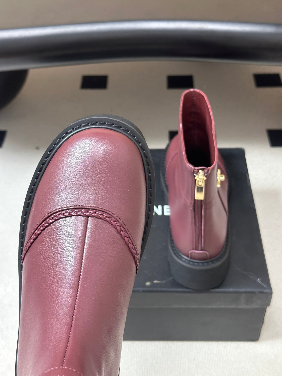 Chanel 26s Ankle Boots Lug Sole CC Charm Burgundy Calfskin Leather 185676