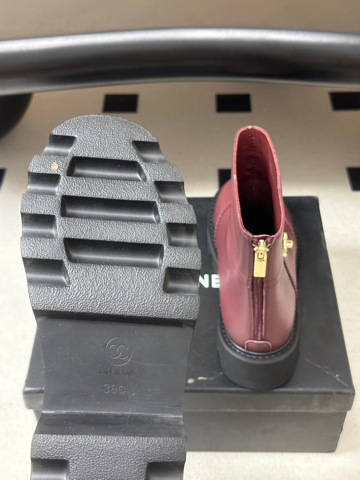 Chanel 26s Ankle Boots Lug Sole CC Charm Burgundy Calfskin Leather 185676